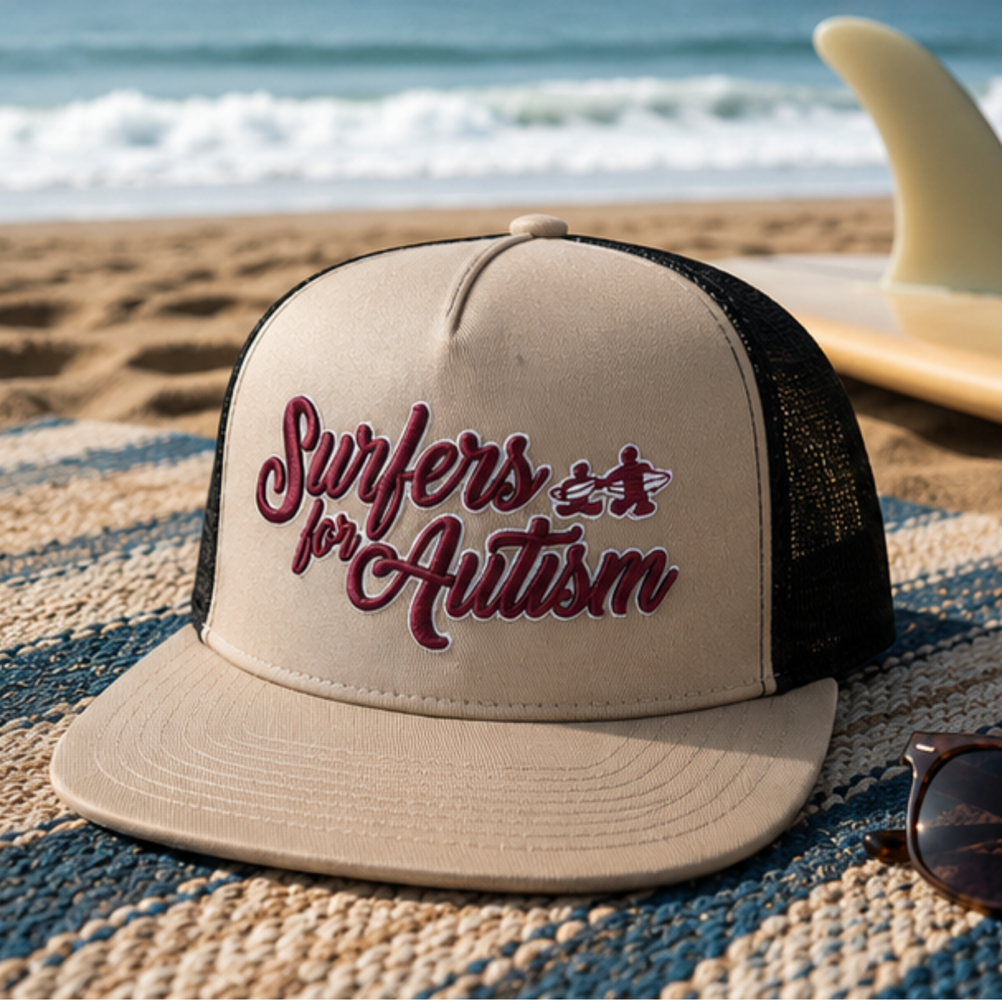 Surfers for Autism® Tan & Black Trucker Hat – Red Script Logo