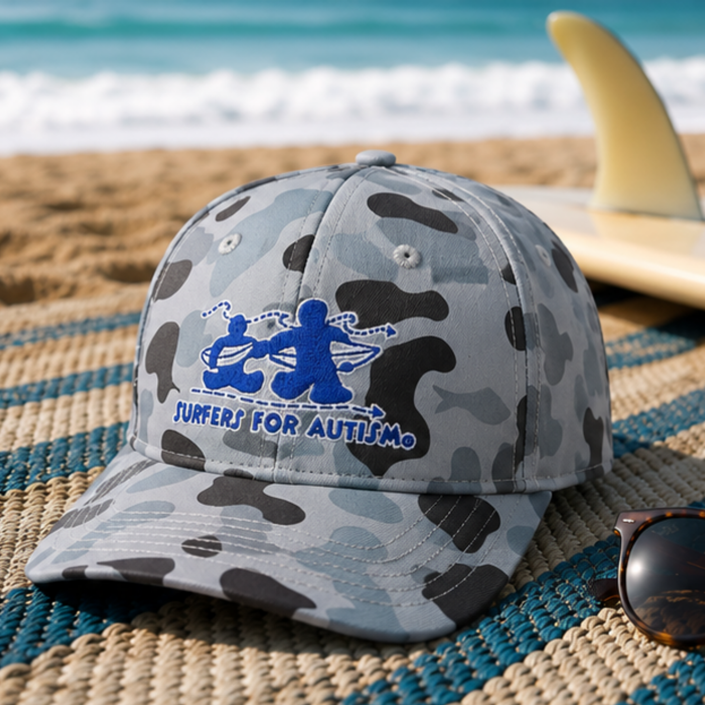 Surfers for Autism® Gray Camo Snapback Hat – Blue Embroidered Logo