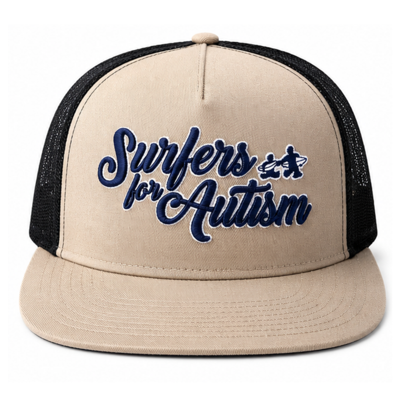 Surfers for Autism® Tan & Black Trucker Hat – Navy Script Logo