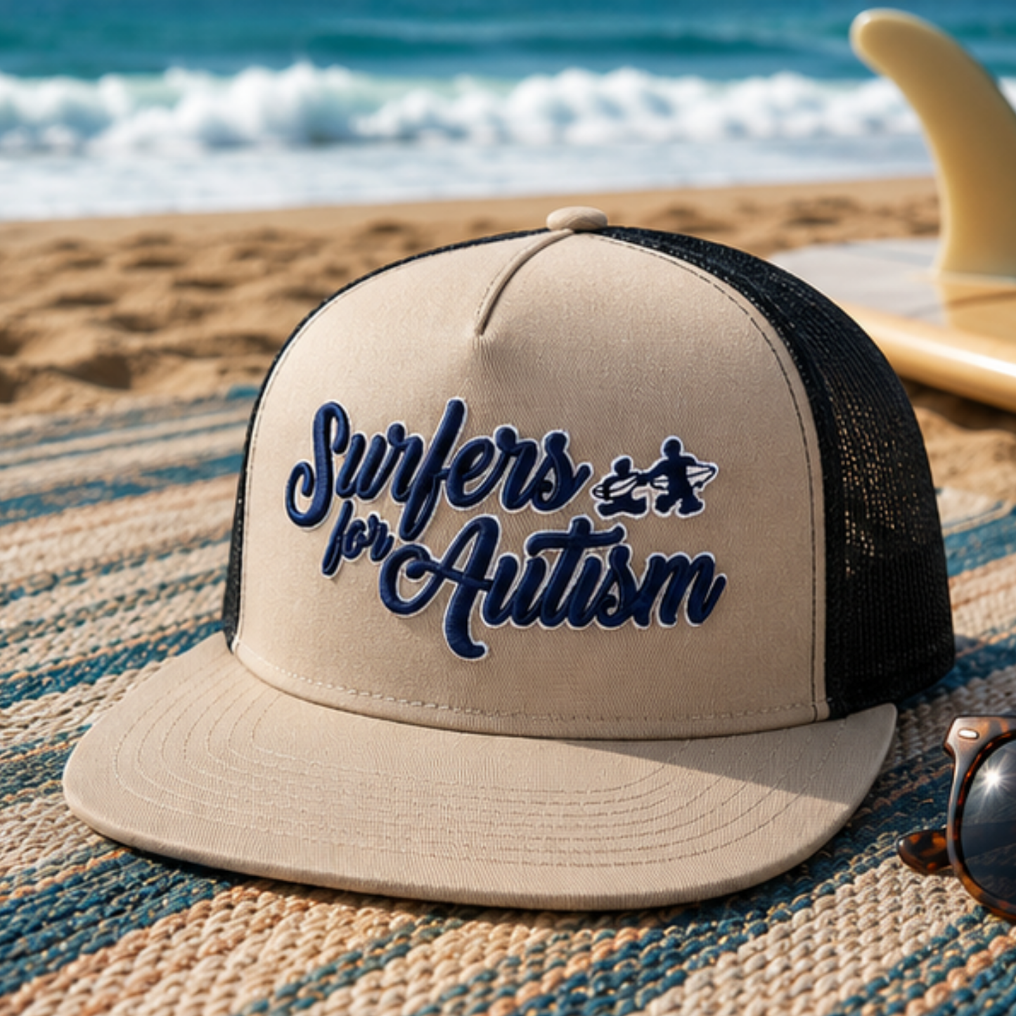 Surfers for Autism® Tan & Black Trucker Hat – Navy Script Logo