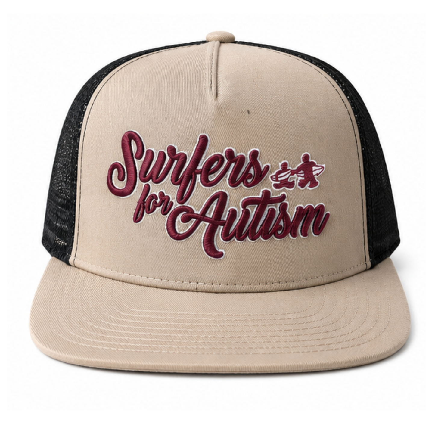 Surfers for Autism® Tan & Black Trucker Hat – Red Script Logo