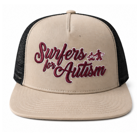 Surfers for Autism® Tan & Black Trucker Hat – Red Script Logo