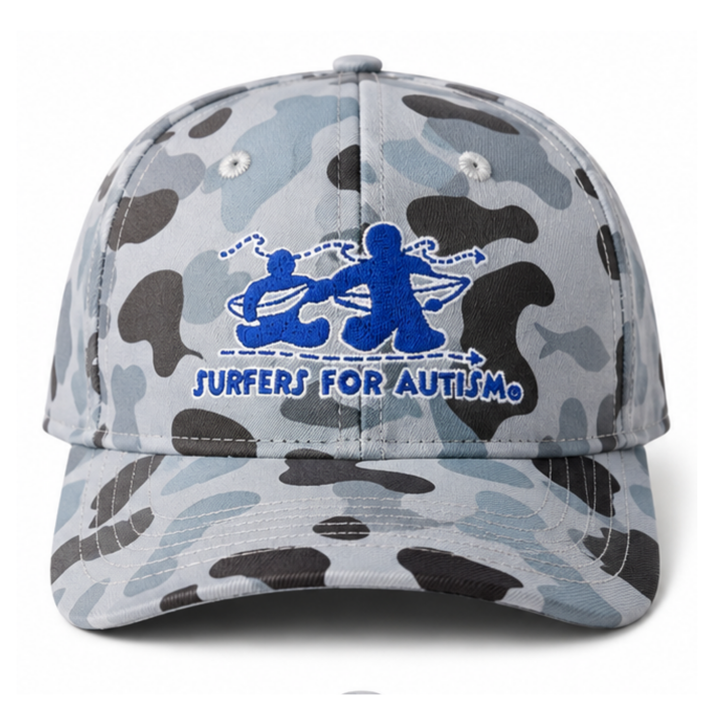 Surfers for Autism® Gray Camo Snapback Hat – Blue Embroidered Logo