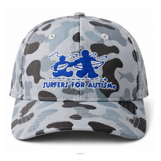 Surfers for Autism® Gray Camo Snapback Hat – Blue Embroidered Logo