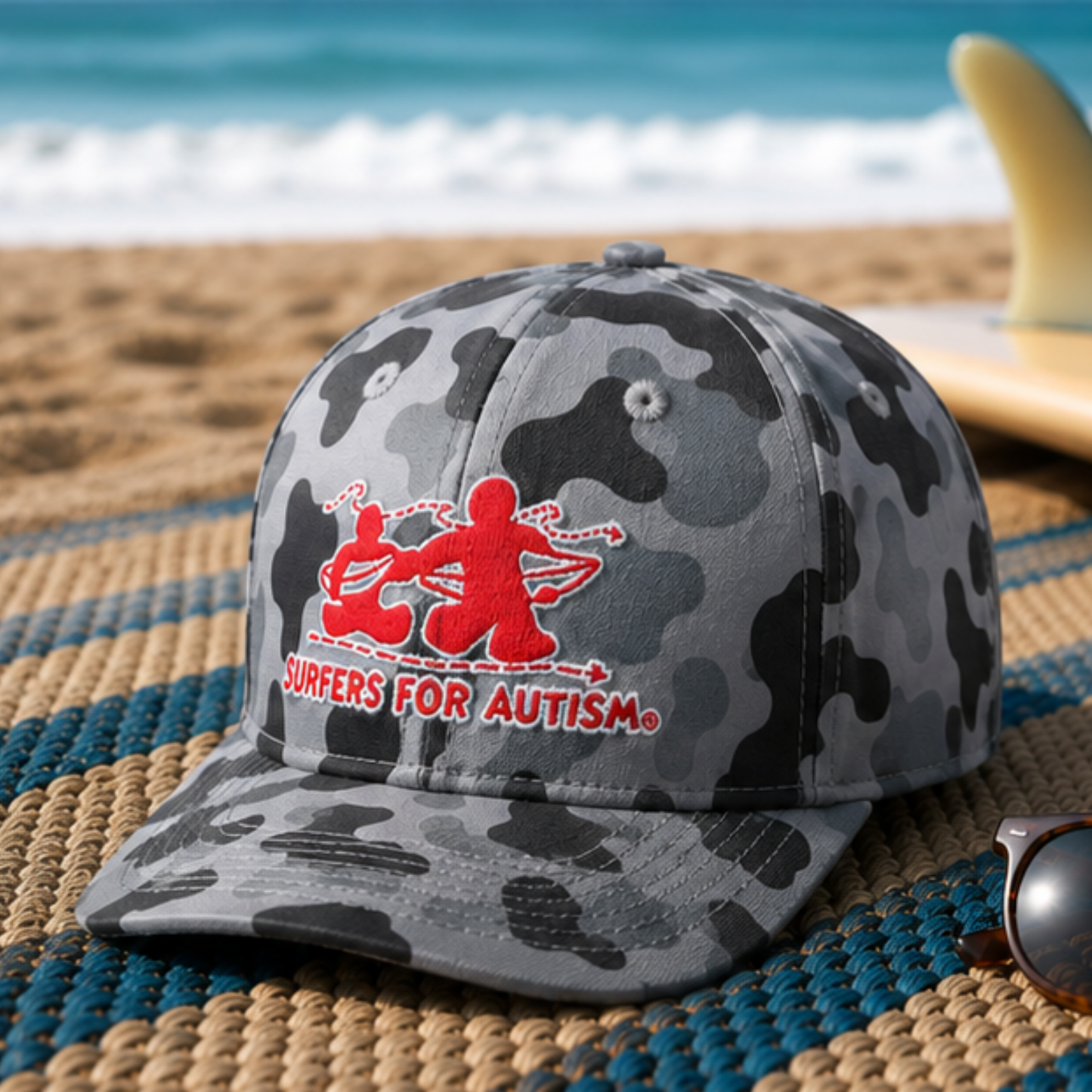 Surfers for Autism® Gray Camo Snapback Hat – Red Embroidered Logo