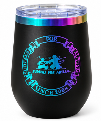 Surfers for Autism Engraved Black Wine Tumbler – Since 2008 Logo